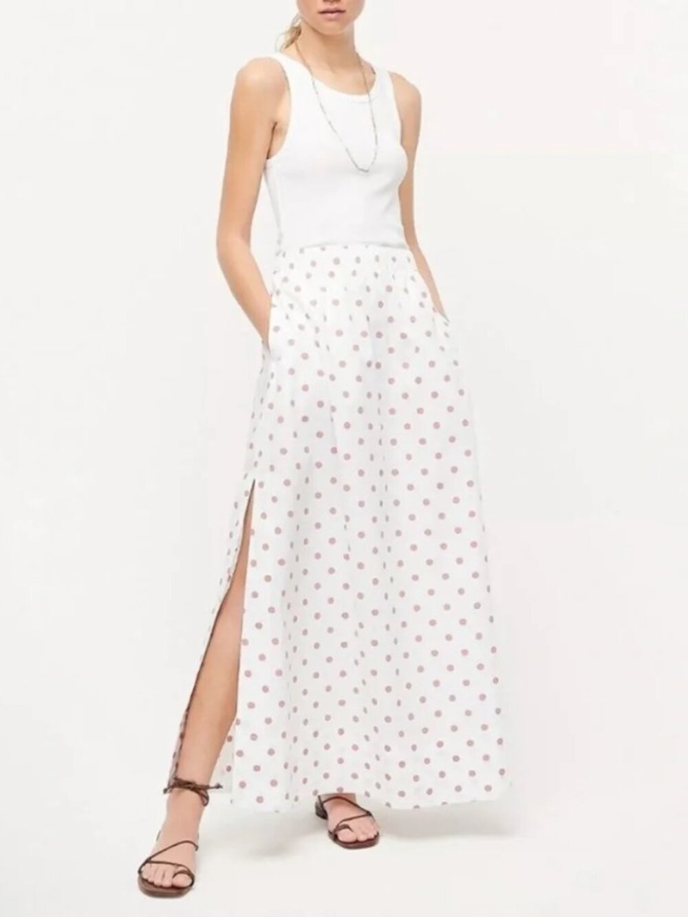J. Crew Side Slit Cotton Poplin Maxi Skirt in White Rose Dot Size Small NWT